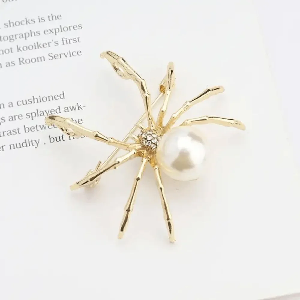 PEARL DIAMOND GOLD SPIDER BROOCH PIN